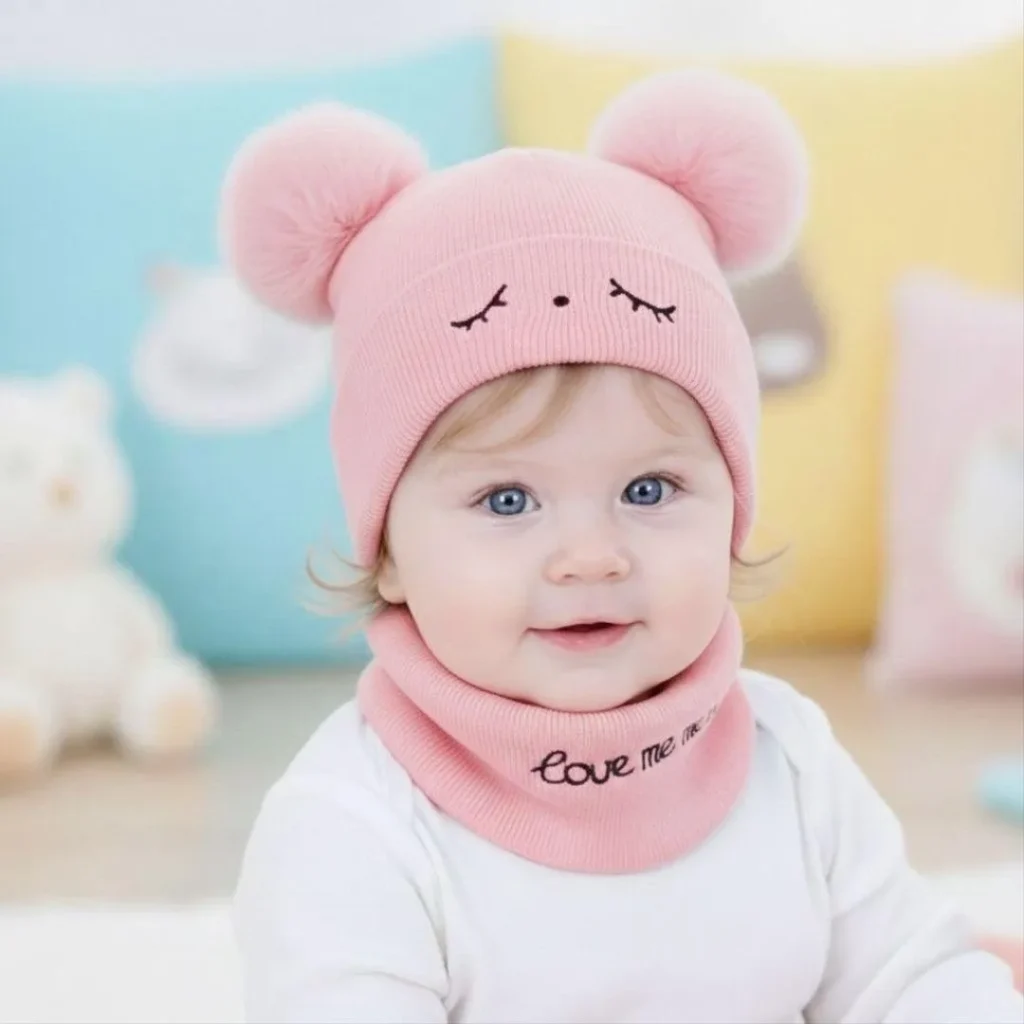 Textured Wool Beanie & Neck Warmer Set – Pink
