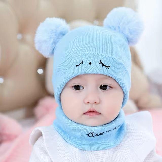 Wool Cap & Neck Warmer Set – Blue (1–5 Years)